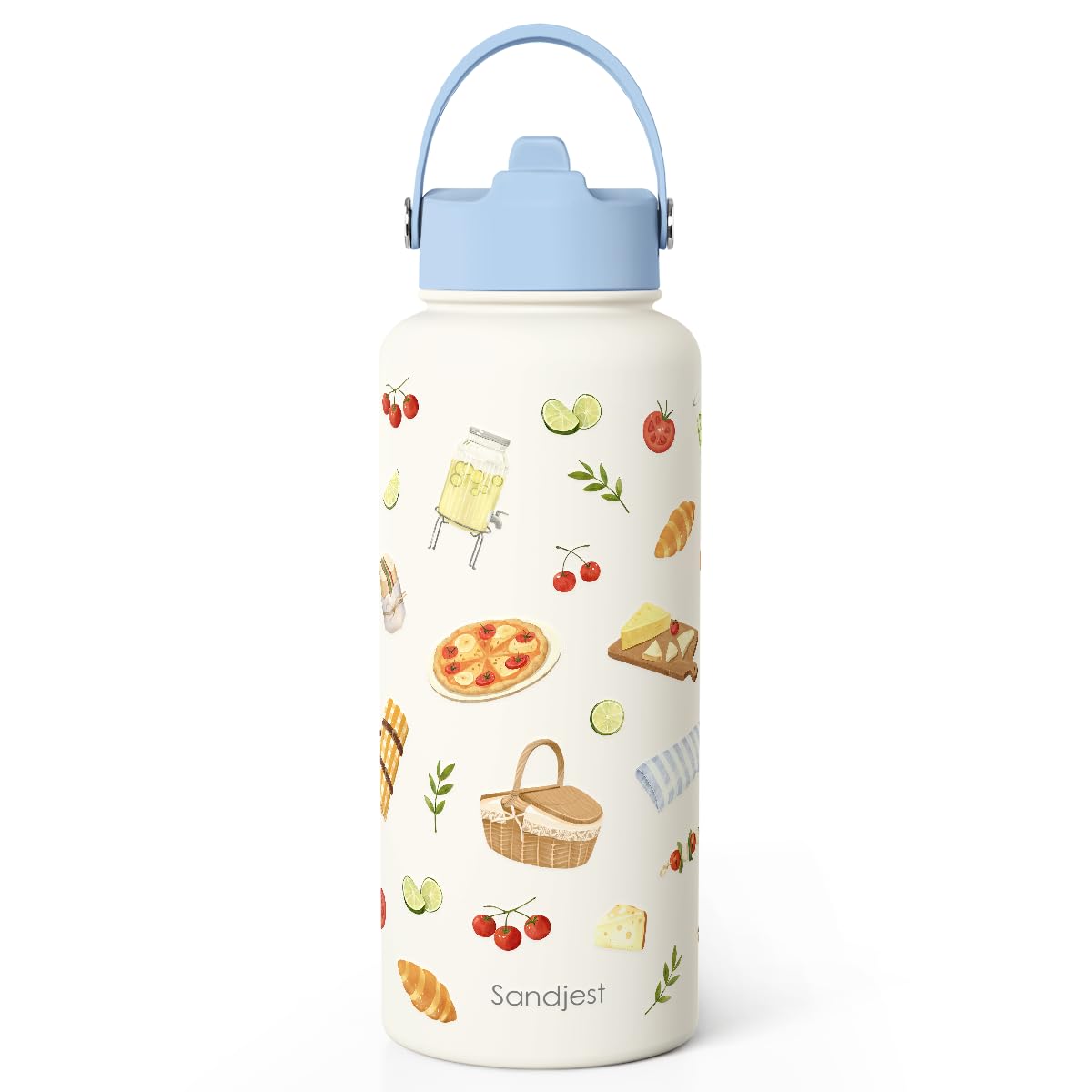 SANDJEST Picnic Gift for Women, Water Bottle Stainless Steel 32oz with Lid & Straw, Summer Vibe Insulated Bottles Gifts for Girl