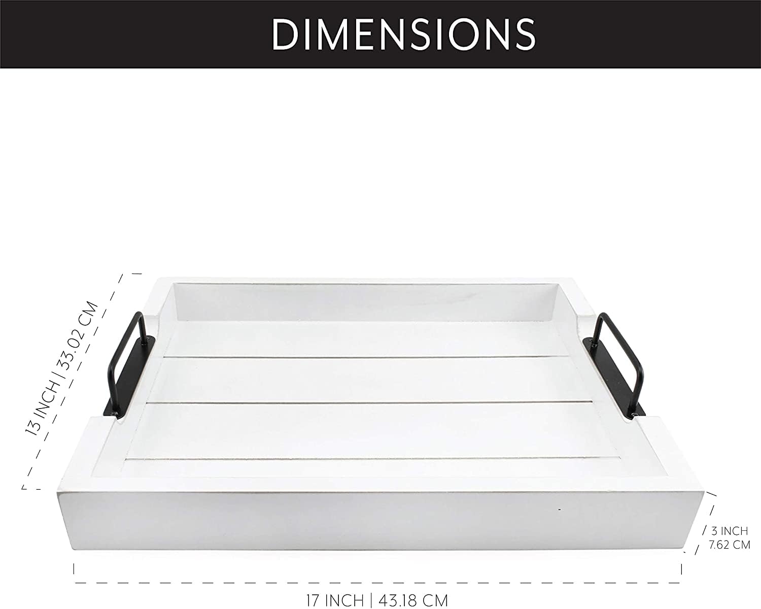 Auldhome Rustic Wood Serving Tray (White); Wooden Farmhouse Shiplap Decorative Ottoman Tray With Black Metal Handles, 16.75 X 12