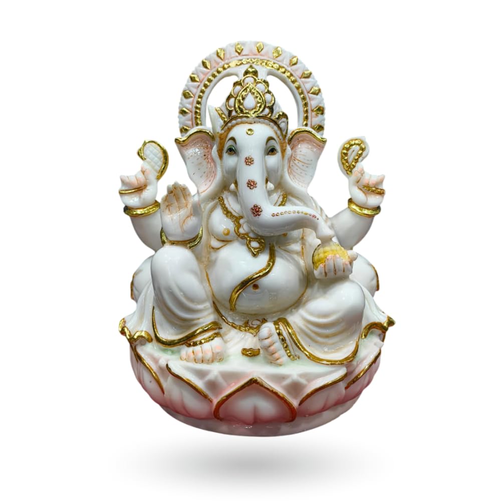 Om Fine Arts. Lord Ganesha Statue, White And Gold, 30.5 Cm Decorative Marble Finish Idol On Lotus Base, Ganesh Ji Marble Dust Mu
