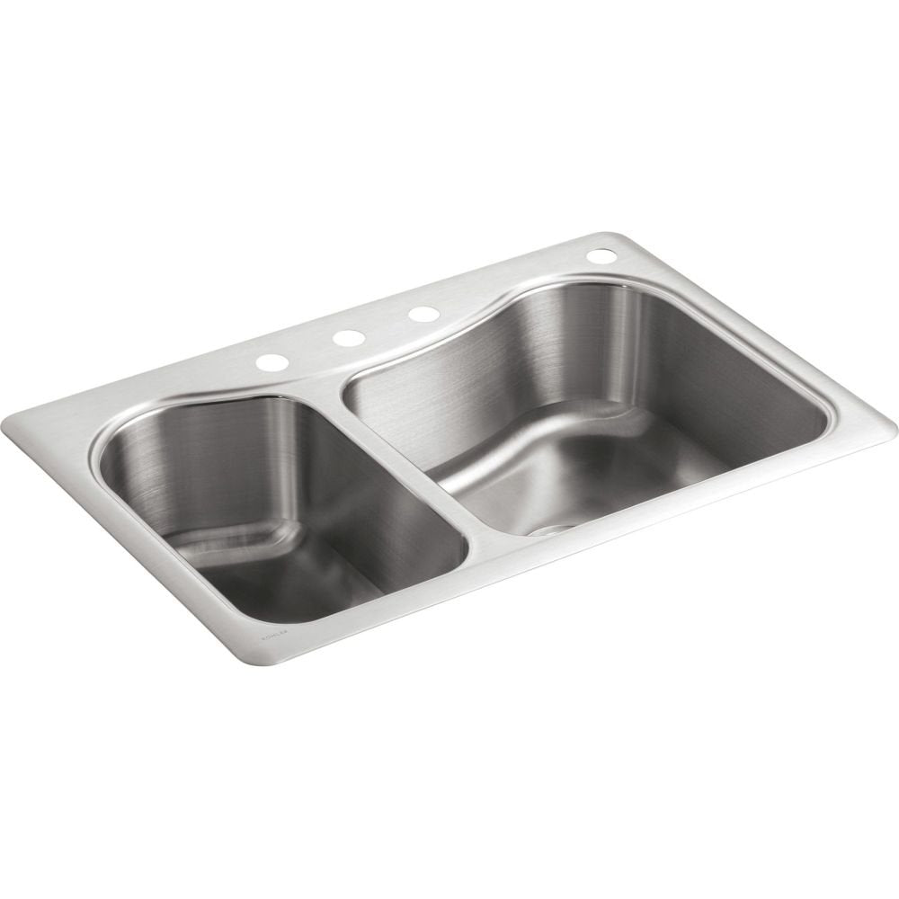 KOHLER Staccato 33x22 Drop In Kitchen Sink, Stainless Steel Kitchen Sink Lrg/Med SS 1-Hole, Double Bowl, K-3361-4-NA