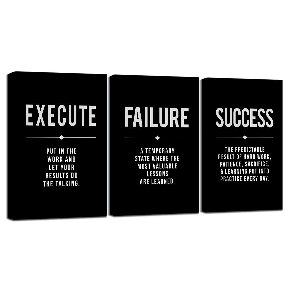 Framed Canvas Wall Art Success Quote For Office, Black Large Positive Motivational Poster, Set Of 3, Execute Failure Definition,