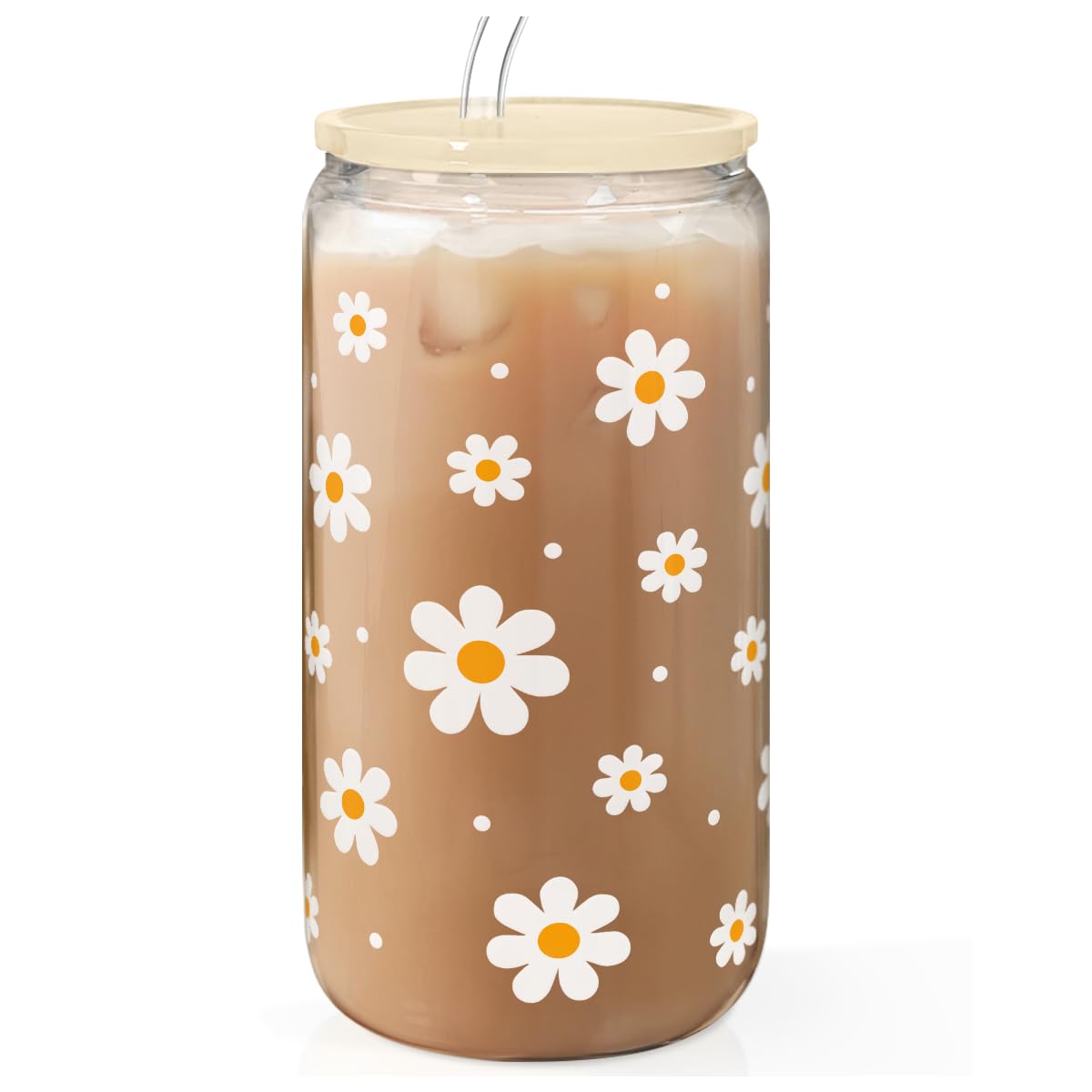 Daisy 16 Oz Can Glass Tumbler with Acrylic Lid and Straw - Iced Coffee Cups for Women, Aesthetic Glass Cup Gift for Birthday Chr