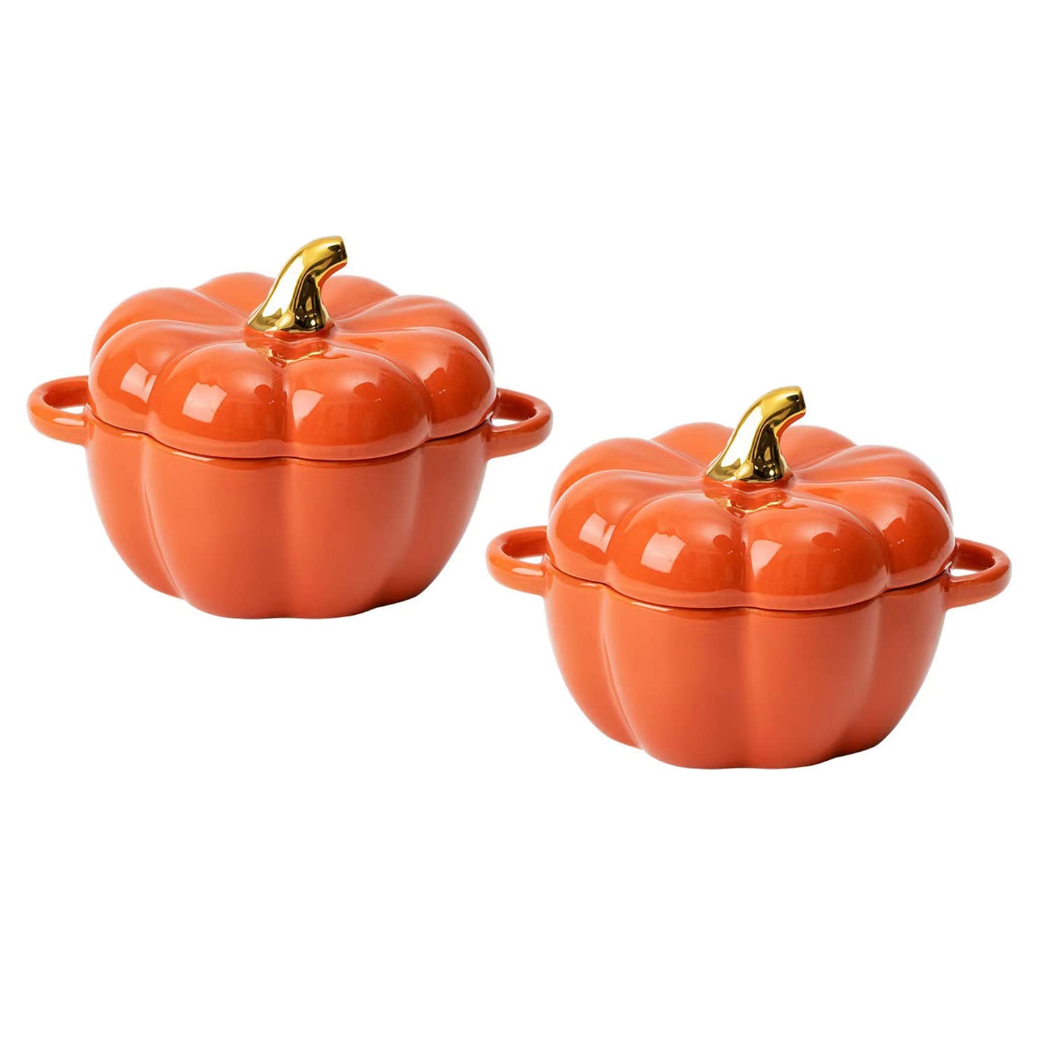 FYUEROPA Pumpkin Bowl Set with Lid and Handle, 14 Oz Ceramic Ramekins for Baking, Casserole Dish Individual Severing Pot, Stonew