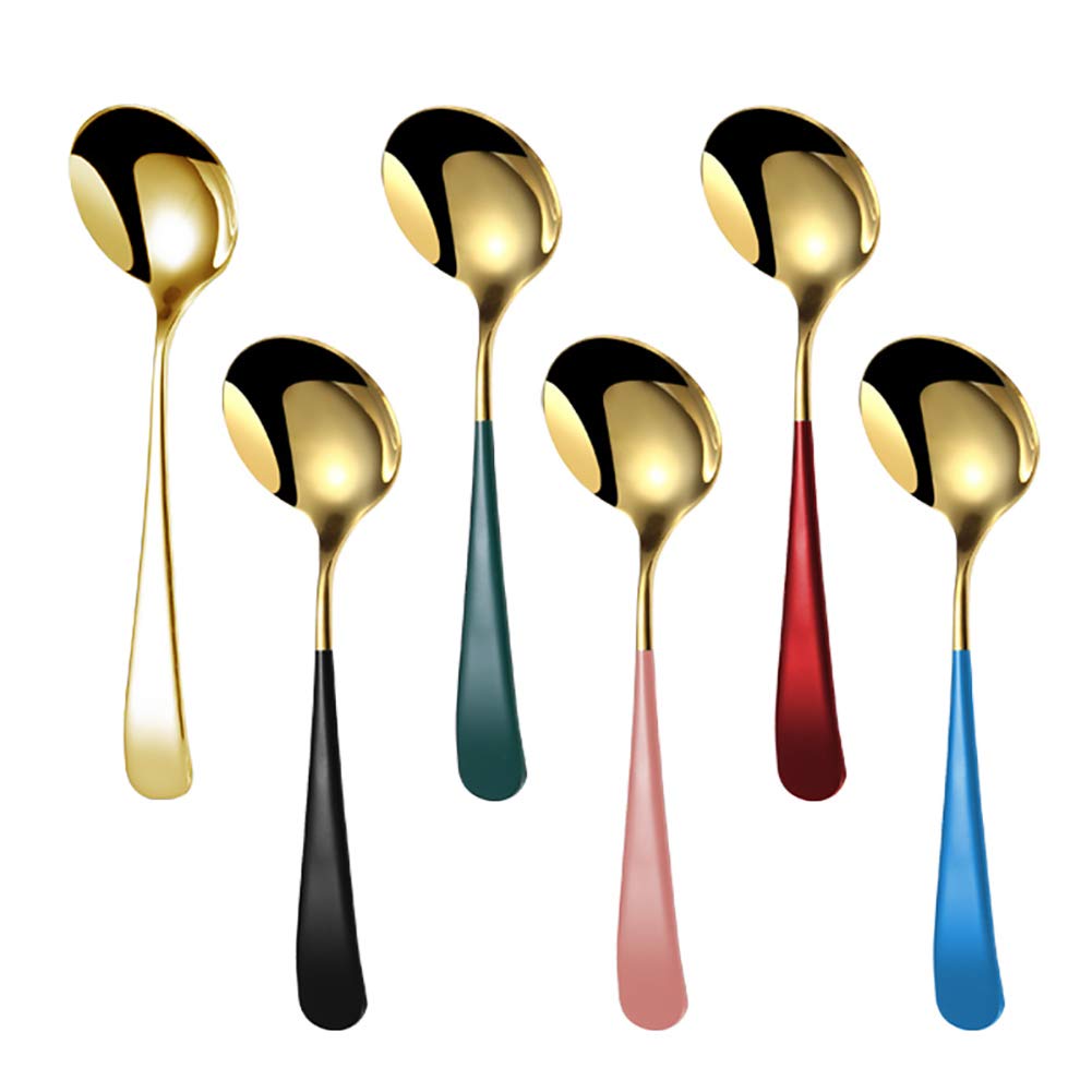 Hktopcne 6 Pieces Stainless Steel Soup Spoons Round Colorful Handle Rice Spoons Elegant Life Dinner Spoons