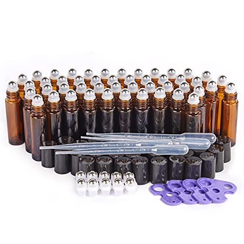 Essential Oil Roller Bottles, 48 Pack Hoa Kinh 10Ml Empty Glass Amber Roller Bottles Uv Protection With Stainless Steel Balls (1