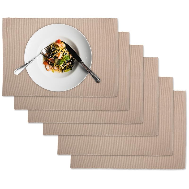 Encasa Xo Dining Placemat Set Of 6 | Solid Beige Color | Fine Ribbed Cotton Table Mat | Size 19X13 In | Machine Washable