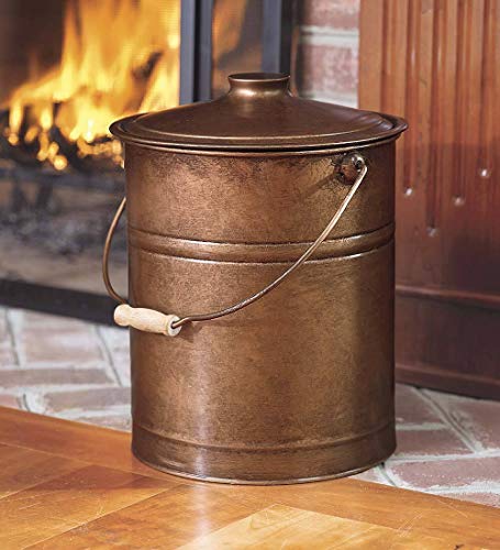 Plow & Hearth 3 Gallon Copper Large Ash Bucket with Lid and Wood Handle  28 Gauge Galvanized Iron Metal  Double Bottom  Tool for Fireplaces Fire Pits Wood Burning Stoves  Hearth Accessories