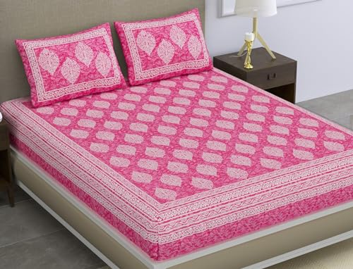 Sheetkart 144 Tc Cotton Printed Jaipuri Double Bedsheet With 2 Pillow Covers, Pink