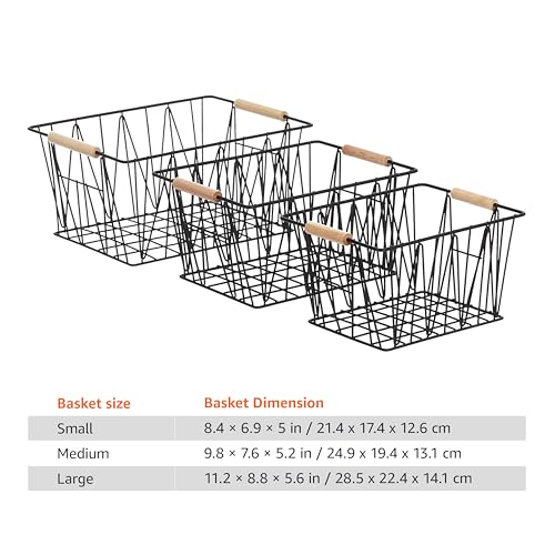 Amazon Basics Rectangular Wire Storage Baskets, Set Of 3, Standard, Black
