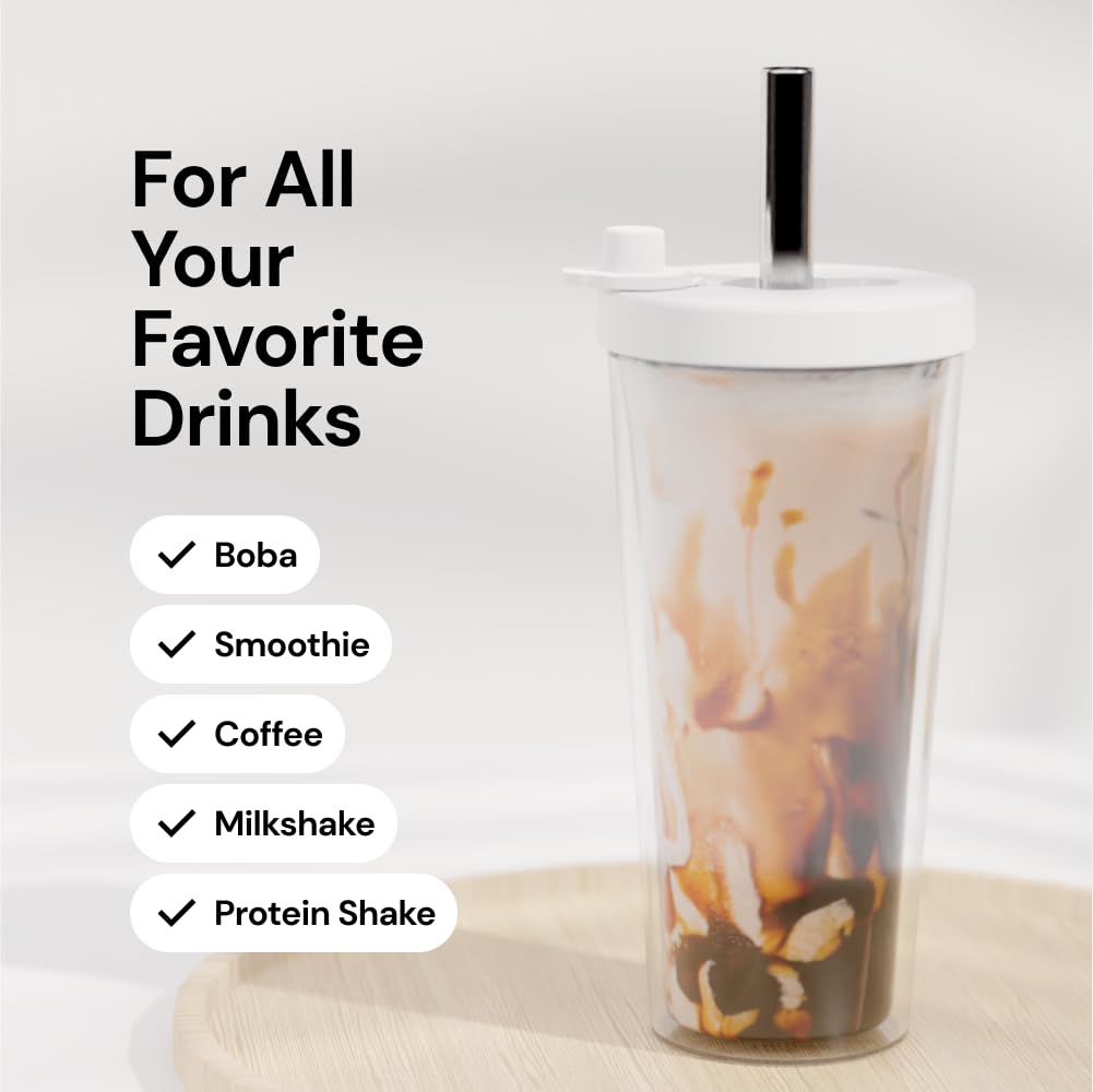 Reusable Boba Cup With Resealable Lid Plug - 17 Oz Double Wall Insulated | Smoothie Tumbler | Wide Stainless Steel Straw For Bub