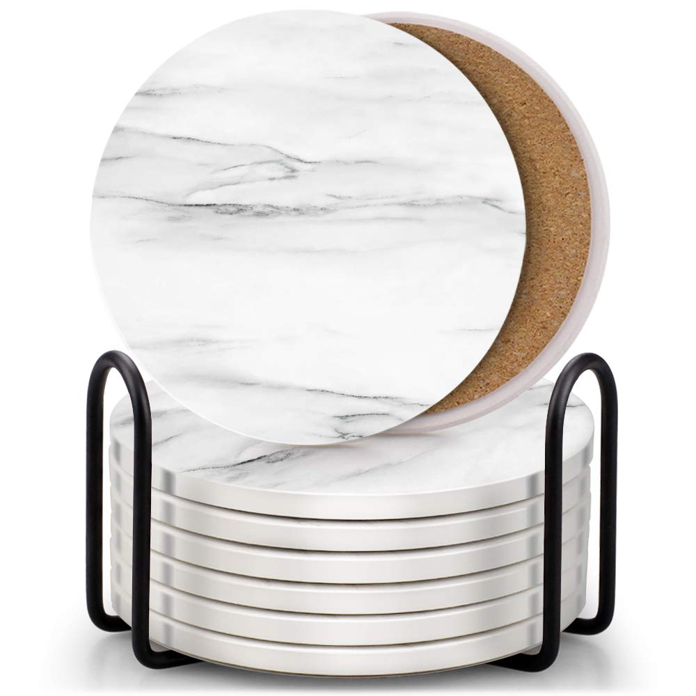 Set Of 8 Coasters For Drinks,Eagmak Absorbent Marble Style Ceramic Drink Coaster With Holder For Coffee Wooden Table Home Decor