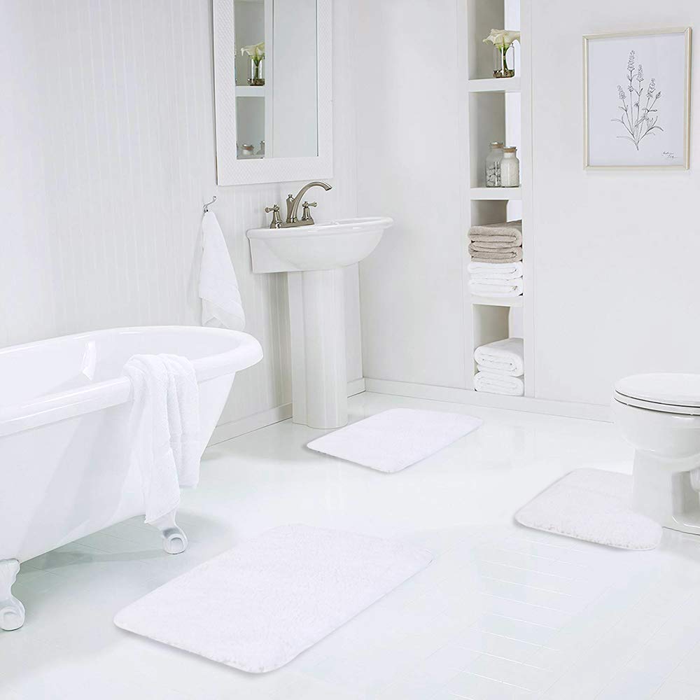 Walensee Shaggy 2 Piece Bath Rug Sets (White) 20 X 24 U Shape Contour Rug & 20 X 32 Bathroom Rug Machine Wash/Dry Bath Mats For