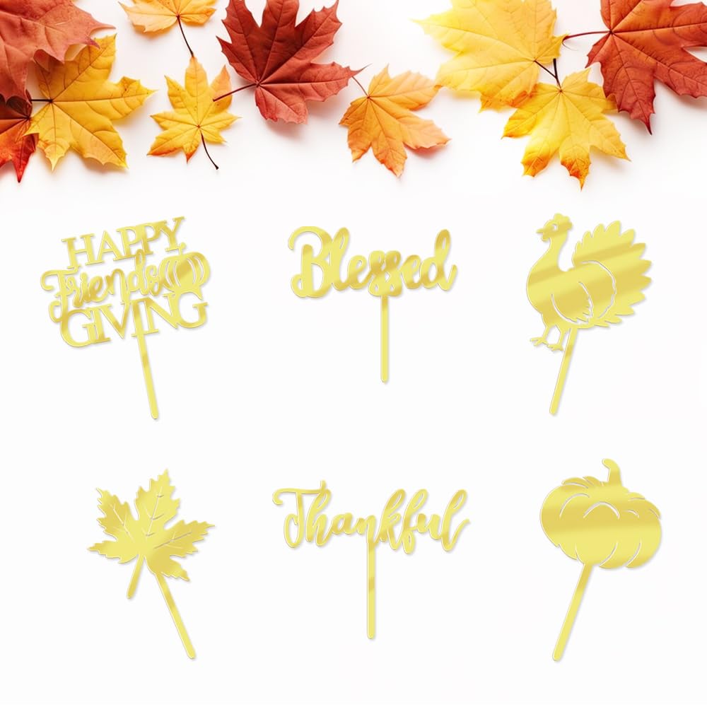 YUINYO Mirror acrylic Thanksgiving Cupcake Toppers, 12 Pcs Fall Themed Cupcake Toppers Turkey Maple Leaf Pumpkin Cake Picks for