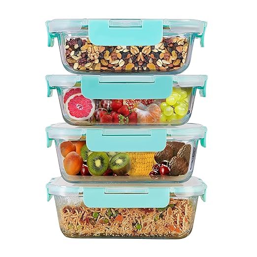 Simparte 1520Ml Rectangular Borosilicate Glass Food Storage Containers With Airtight LeakProof Blue Lids  Set Of 4 | Microwave