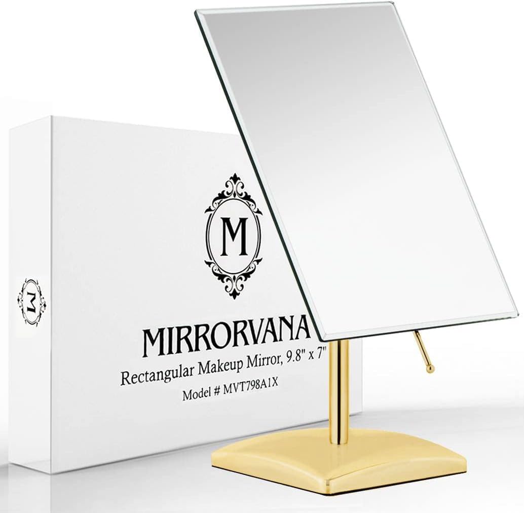 MIRRORVANA Large Free Standing Mirror - Frameless, Gold-Plated, Beveled Design for Desk, Retail Counter, Bathroom and Vanity Dre