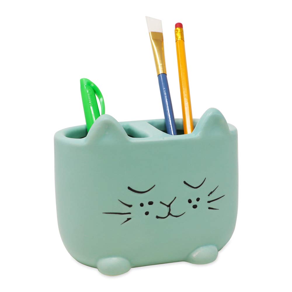 Isaac Jacobs Blue Ceramic Cat Makeup Brush Holder  Multi-Purpose 2-Section Organizer. Bathroom  Kitchen  Bedroom  Office D?or (2-Section Cup  Pastel Blue)