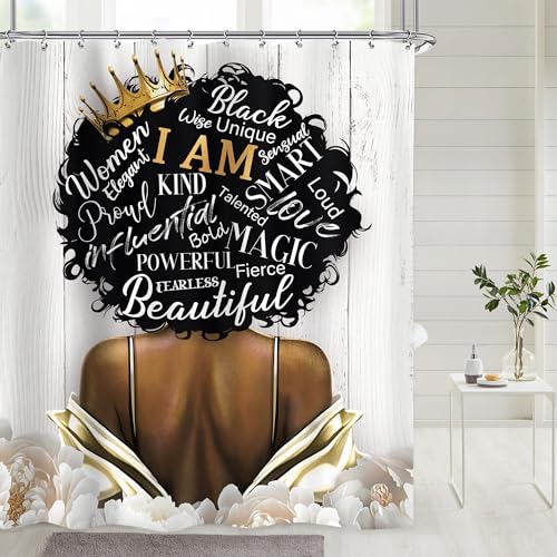 Riyidecor African American Shower Curtain 60Wx72H Inch Black Girl Woman Motivational Floral Inspirational Quotes Words Flowers P