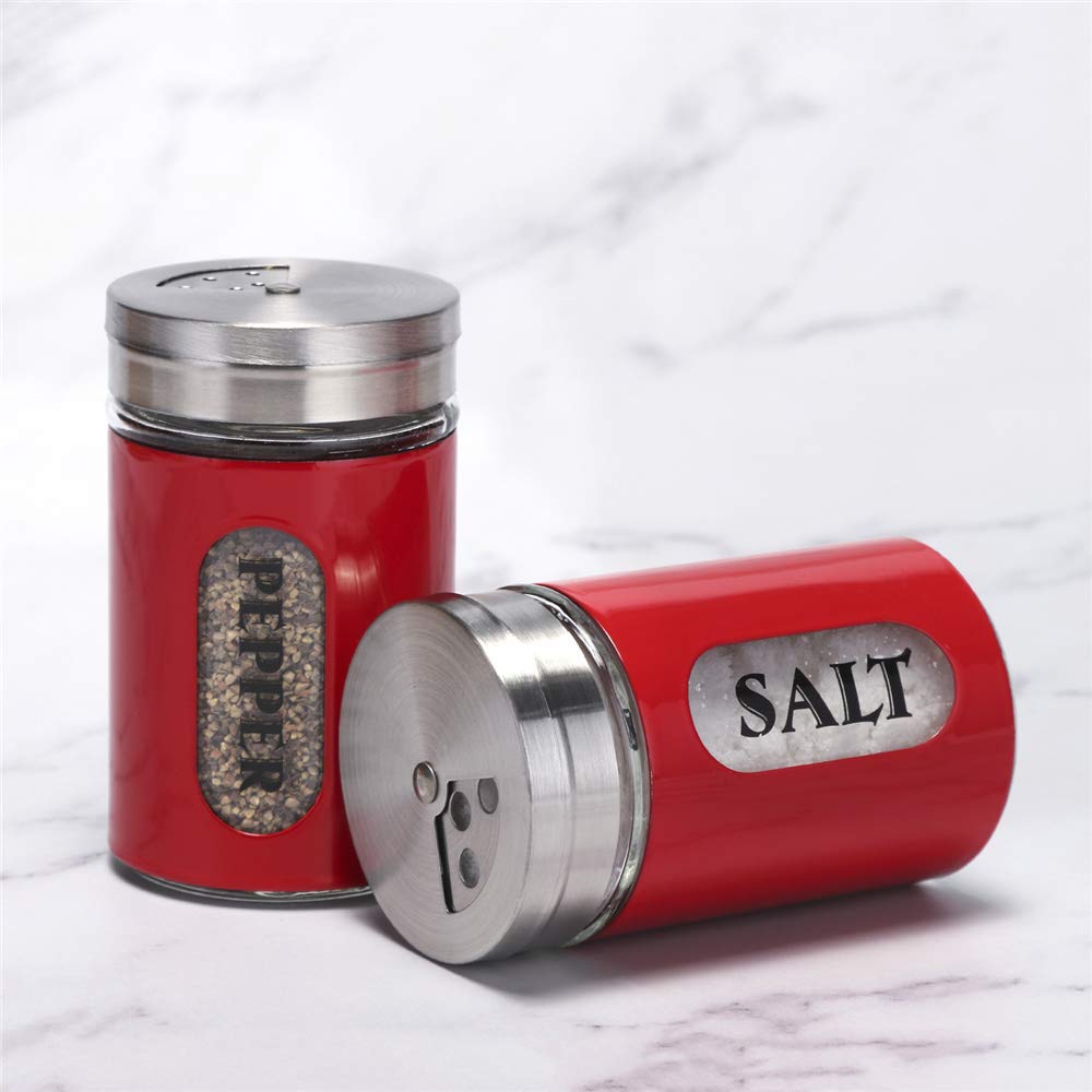 Salt And Pepper Shakers Stainless Steel And Glass Set With Adjustable Pour Holes (Red)