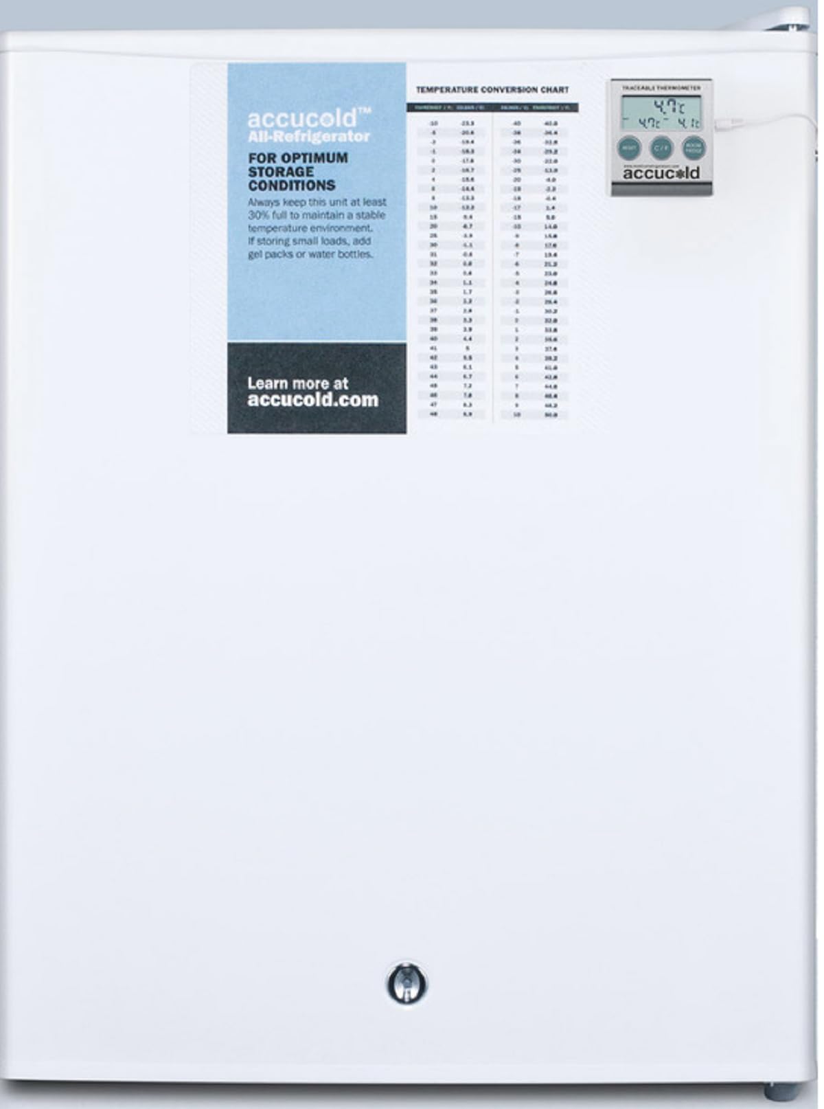 ACCUCOLD FF28LWHPLUS2 Compact All-Refrigerator - White; 2.4 Cu.Ft.; Automatic Defrost; Factory Installed Lock; CARB Compliant; R