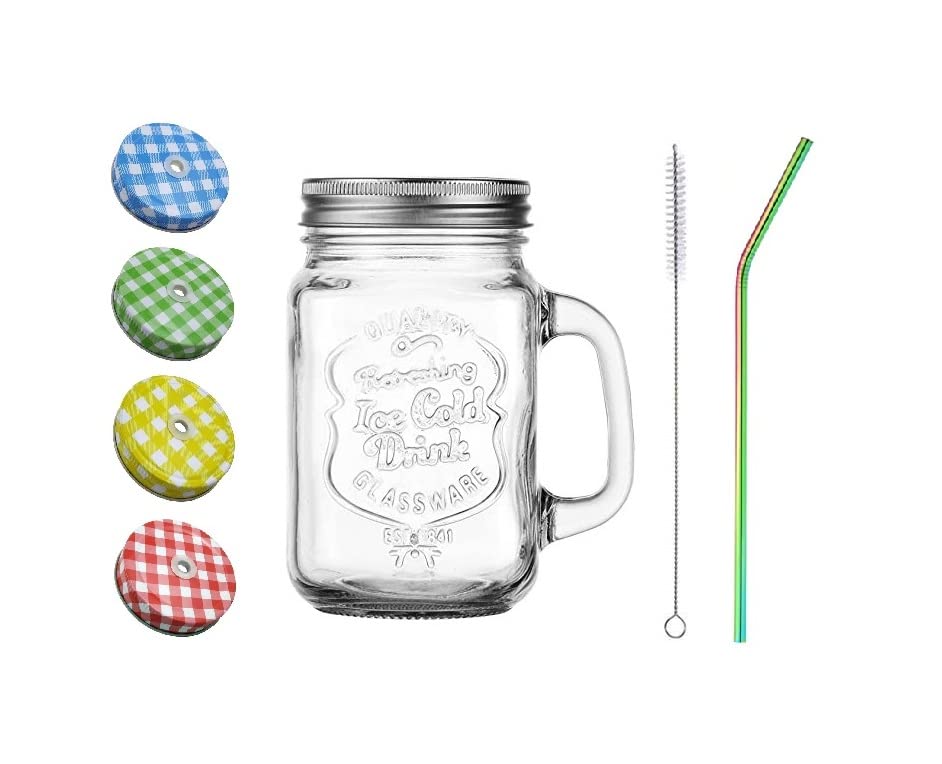 Save Mason Jar With Rainbow Stainless Steel Straw And Handle | Stylish Embossing Design | 450 Ml | Multicolour Lid With Hole (Be