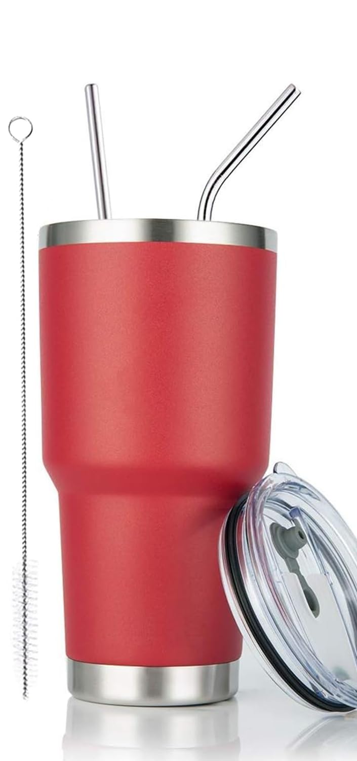 Ds 30Oz Red Tumbler Stainless Steel Double Wall Vacuum Insulated Mug With Straw And Lid, Cleaning Brush For Cold And Hot Beverag