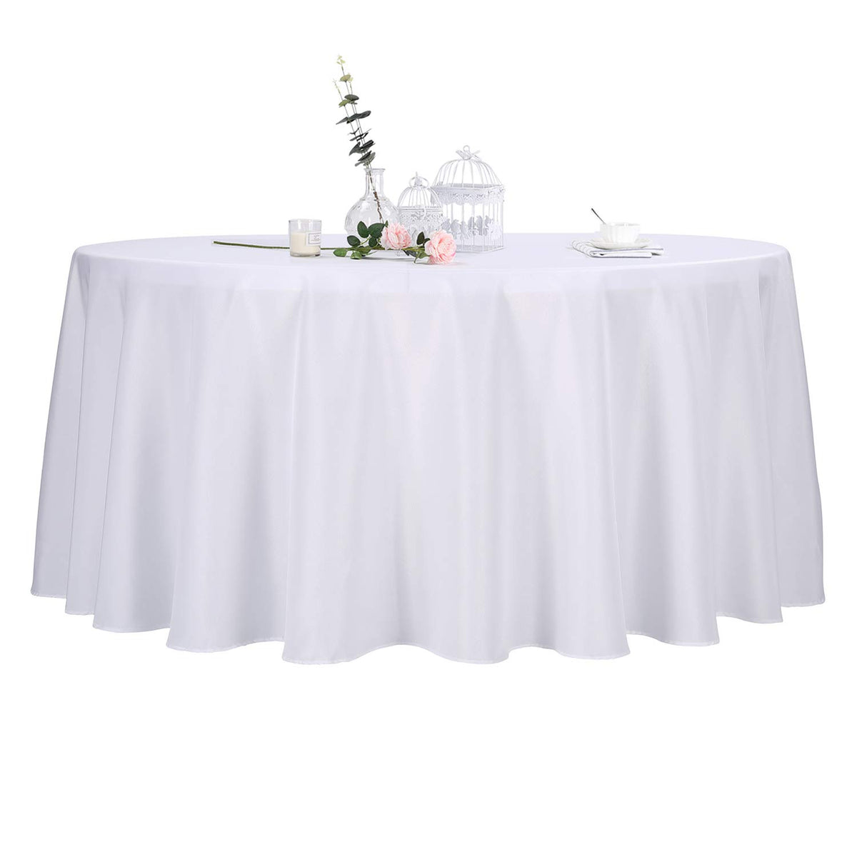 Ascoza 2 Pack 132 Inch White Round Tablecloth In Polyester Fabric For Wedding/Banquet/Restaurant/Parties