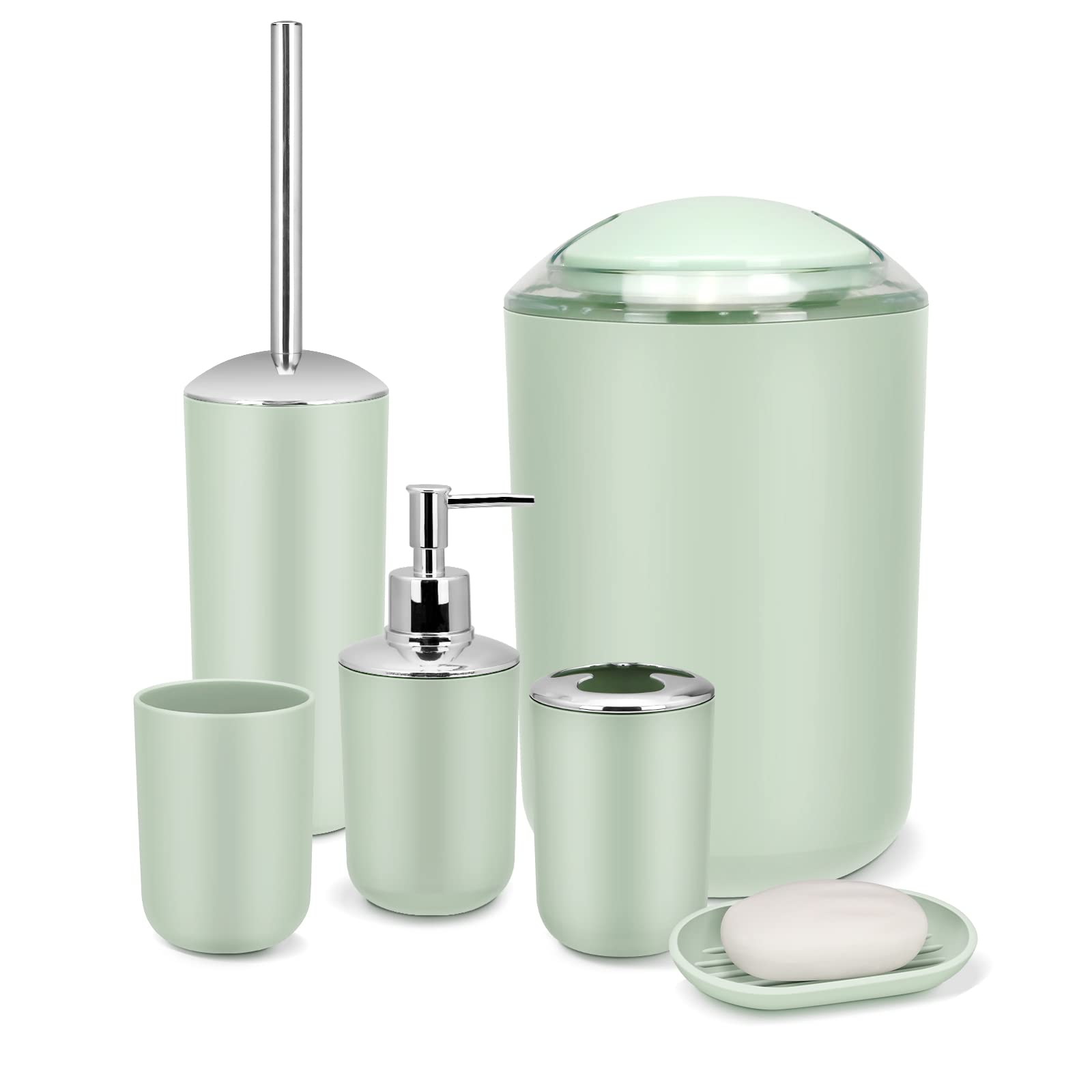 Imavo Bathroom Accessory Set - 6 Piece Green Bathroom Accessories Set With Trash Can, Soap Dispenser, Soap Dish, Toothbrush Hold