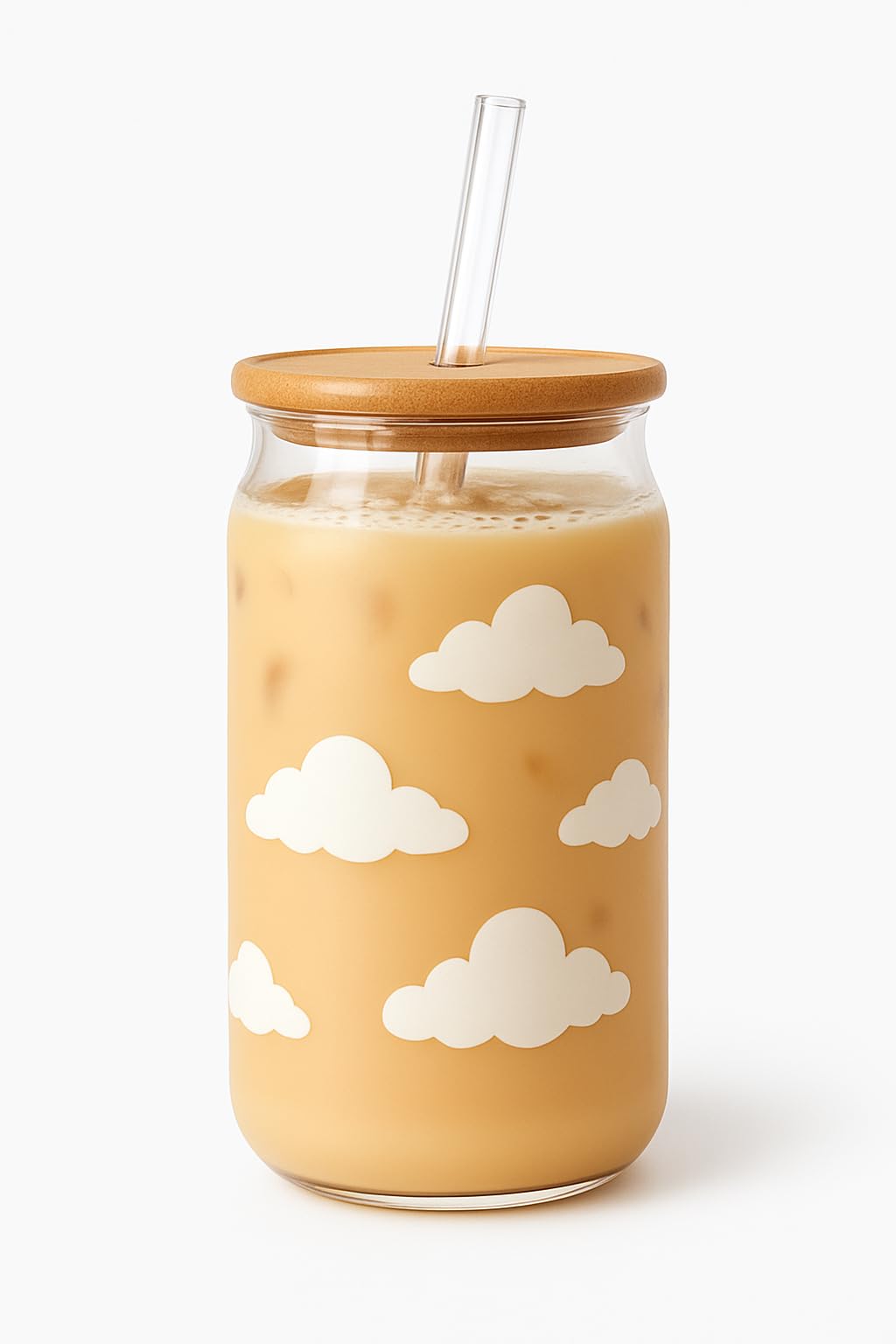 The Umbrella Store Glass Tumbler Bamboo Lid And Straw, Coffee Tumbler, Reusable Glass (Cloud)