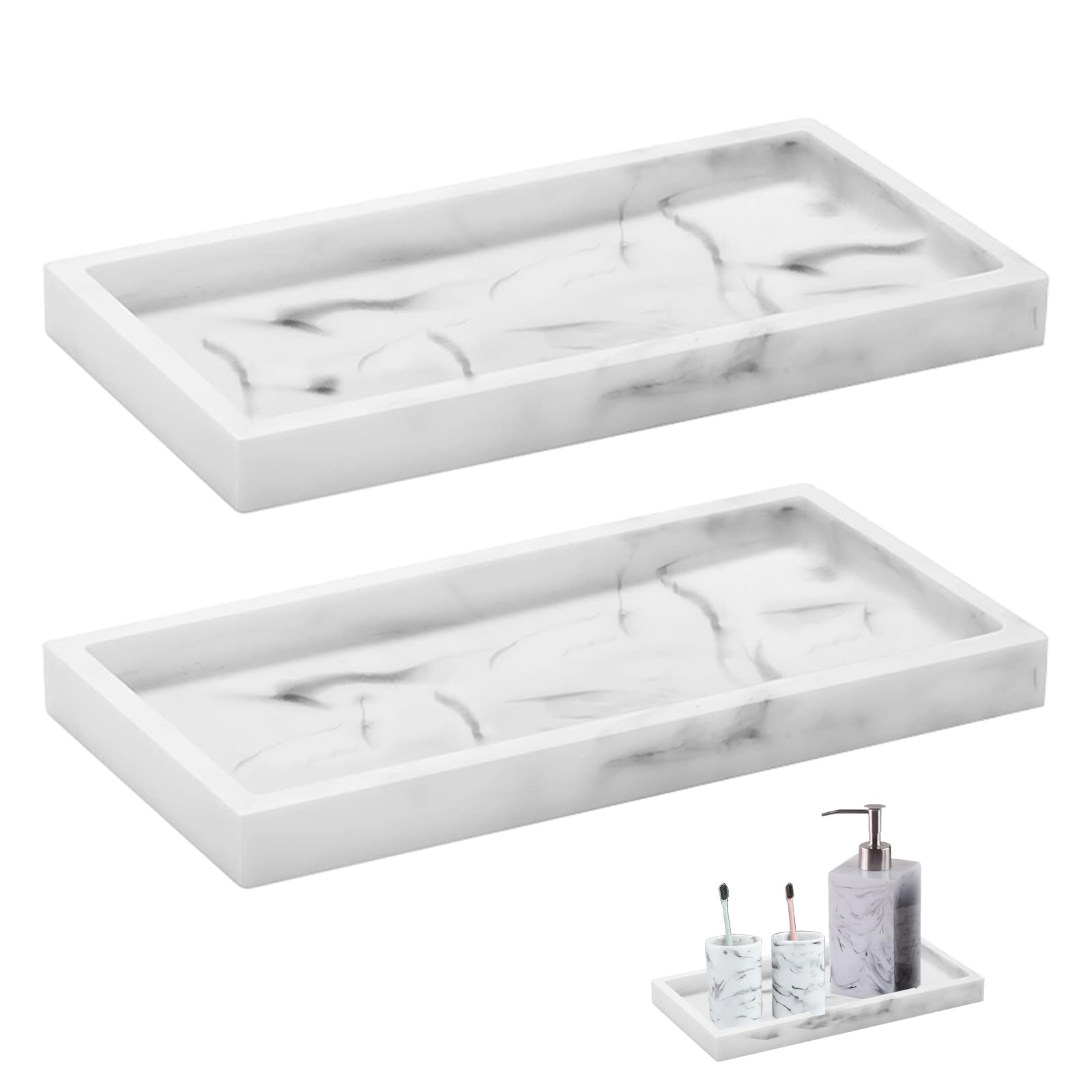 2 Packs Silicone Bathroom Vanity Tray Rectangle Set, Shatterproof Flexible Bathroom Tray, 11.8'' & 11.8'' Silicone Soap Dispense