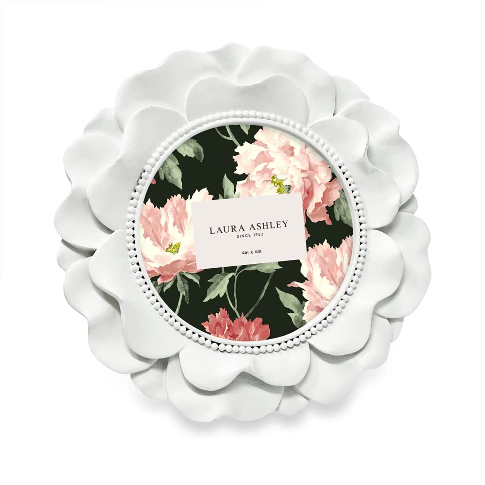 Laura Ashley 4x4 White Round Resin Ornate Flower Design Picture Frame with Beaded Border, for Tabletop and Wall Display, Floral 