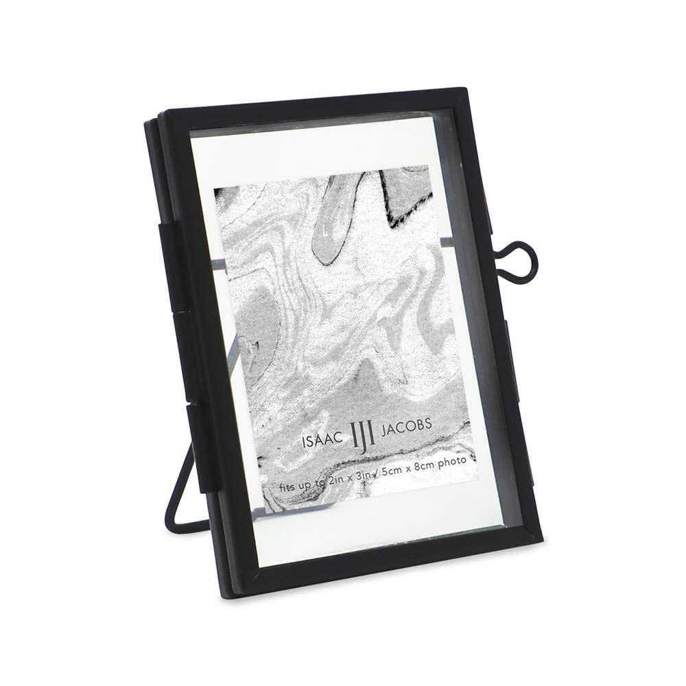 Isaac Jacobs 2x3, Black Modern Style Brass and Glass, Pressed Glass, Metal Floating Desk Photo Frame (Vertical), with Locket Clo