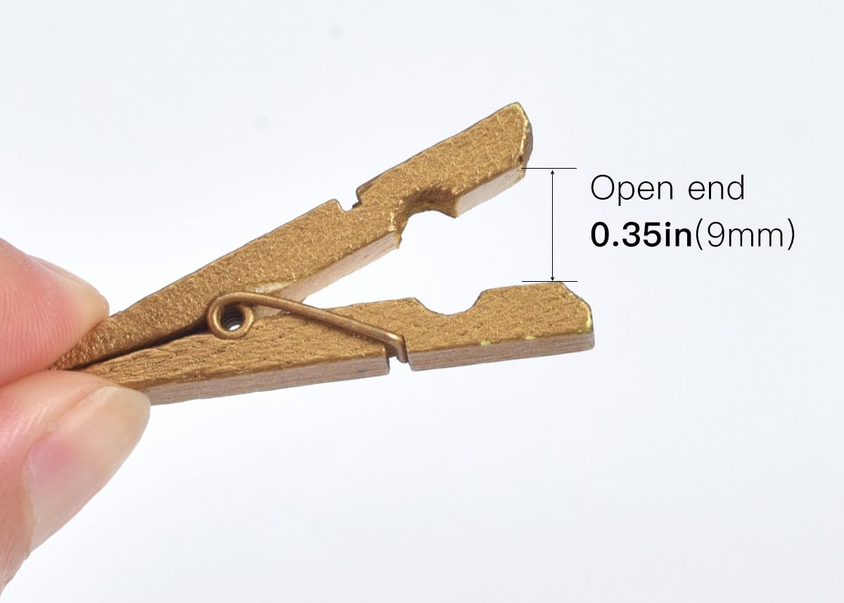 iKammo 50pcs Wood Gold Clothespins Mini Wooden Gold Clothes Pins for Photo Peg Pin Compatible Gift Wrapping  Picture Hanging  Arts&Crafts  Photo Display (Gold  3.5 * 0.7cm)