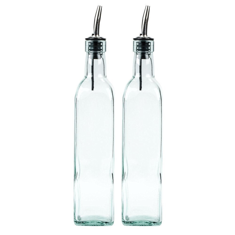 Set Of 2-16 Oz. (Ounce) Oil Vinegar Cruet, Square Tall Glass Bottle W/Stainless Steel Pourer Spout (2 Pack)