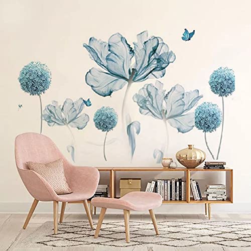 Blue Flowers Wall Decals Large Wall Art Decal Home Wall Flower Vinyl Removable Mural For Living Room Bedroom School Home Office