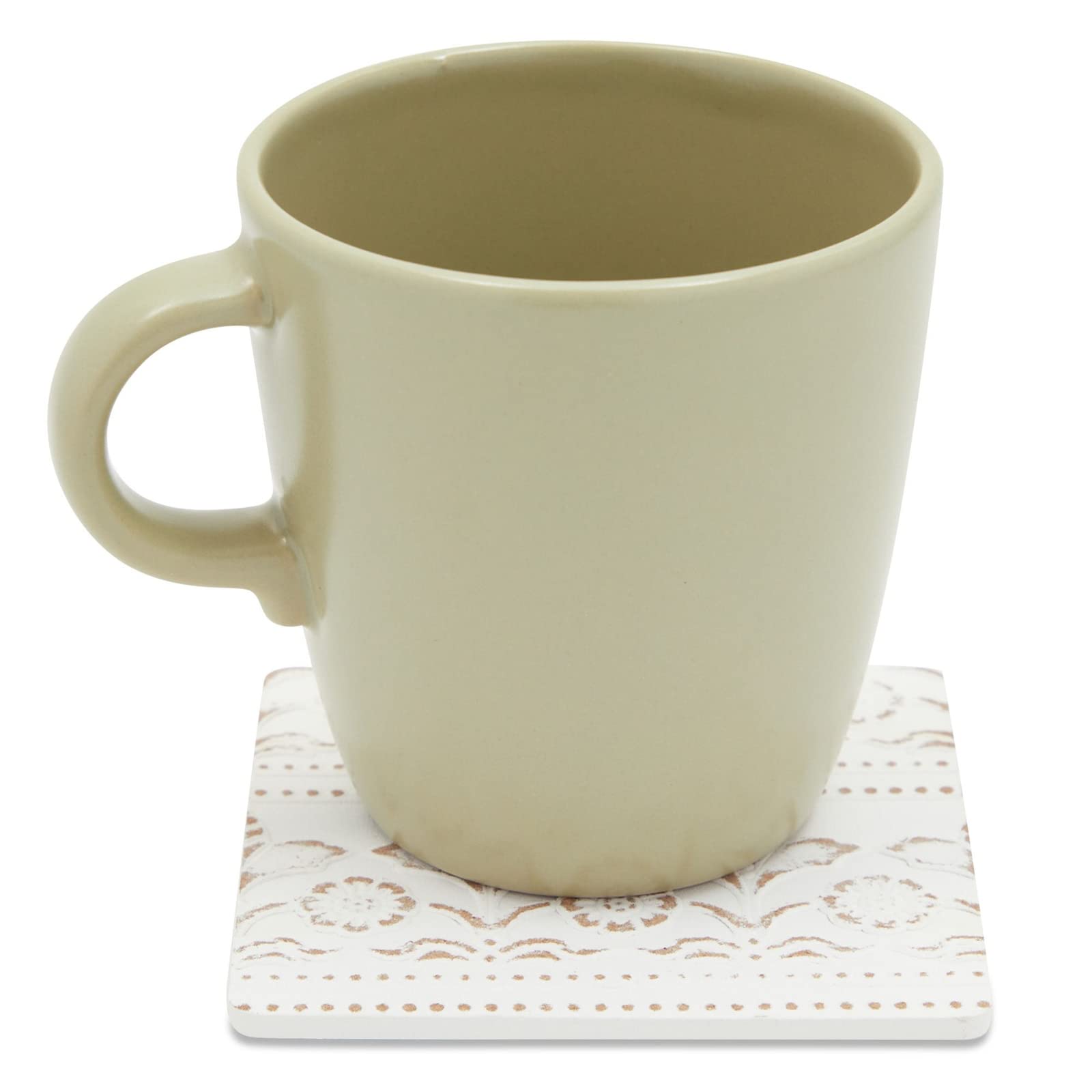 Set of 6 White Wooden Coasters with Holder for Drinks  Coffee Table  and Floral Farmhouse Decor (3.8 Inches)