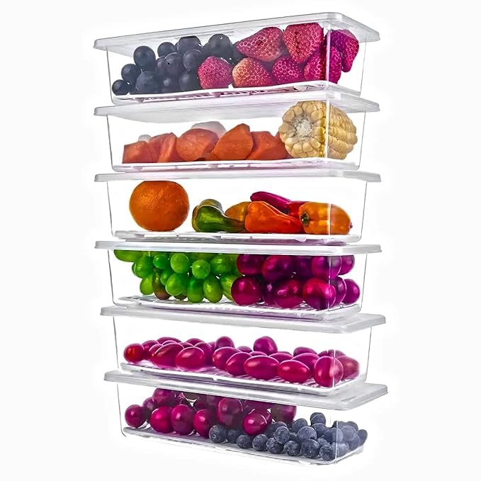 Fridge Storage Boxes  Stackable, BpaFree Containers W/Removable Drain Plate & Lid  Fridge & Freezer Organizer For Fish, Veggie