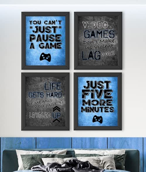You Can't Just Pause A Game - Video Gamer Themed Wall Art Decor Prints for a Gaming Room (Set of 4) Poster Sign Blue Black Grey Bedroom
