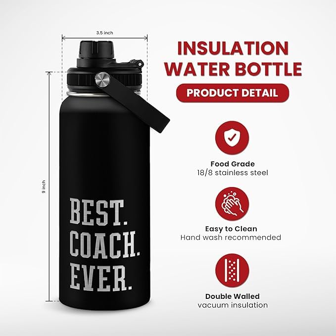 Sport Coach Insulated Engraved Stainless Steel Water Bottle 32oz, Best Coach Ever, Vacuum Chug Lid Travel Tumbler For Men Friend