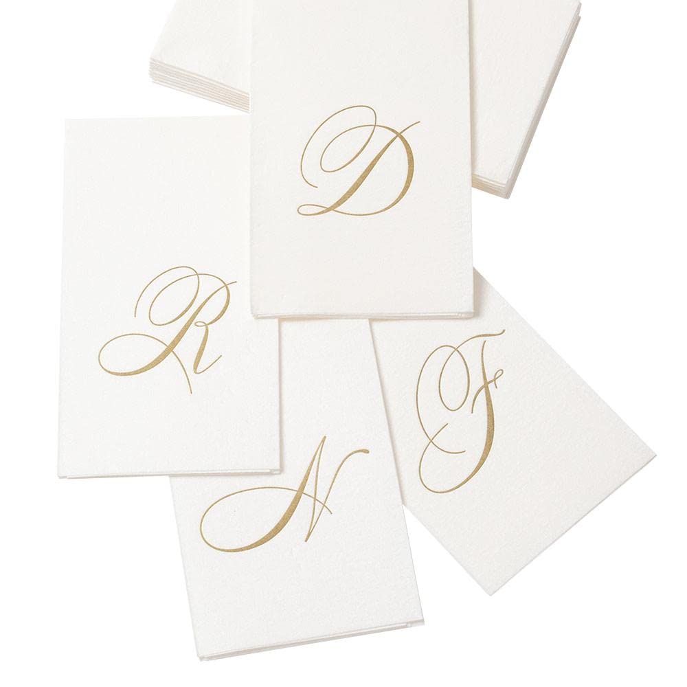 Caspari White Pearl & Gold Paper Linen Boxed Guest Towel Napkins In Letter T - Three Packs Of 24