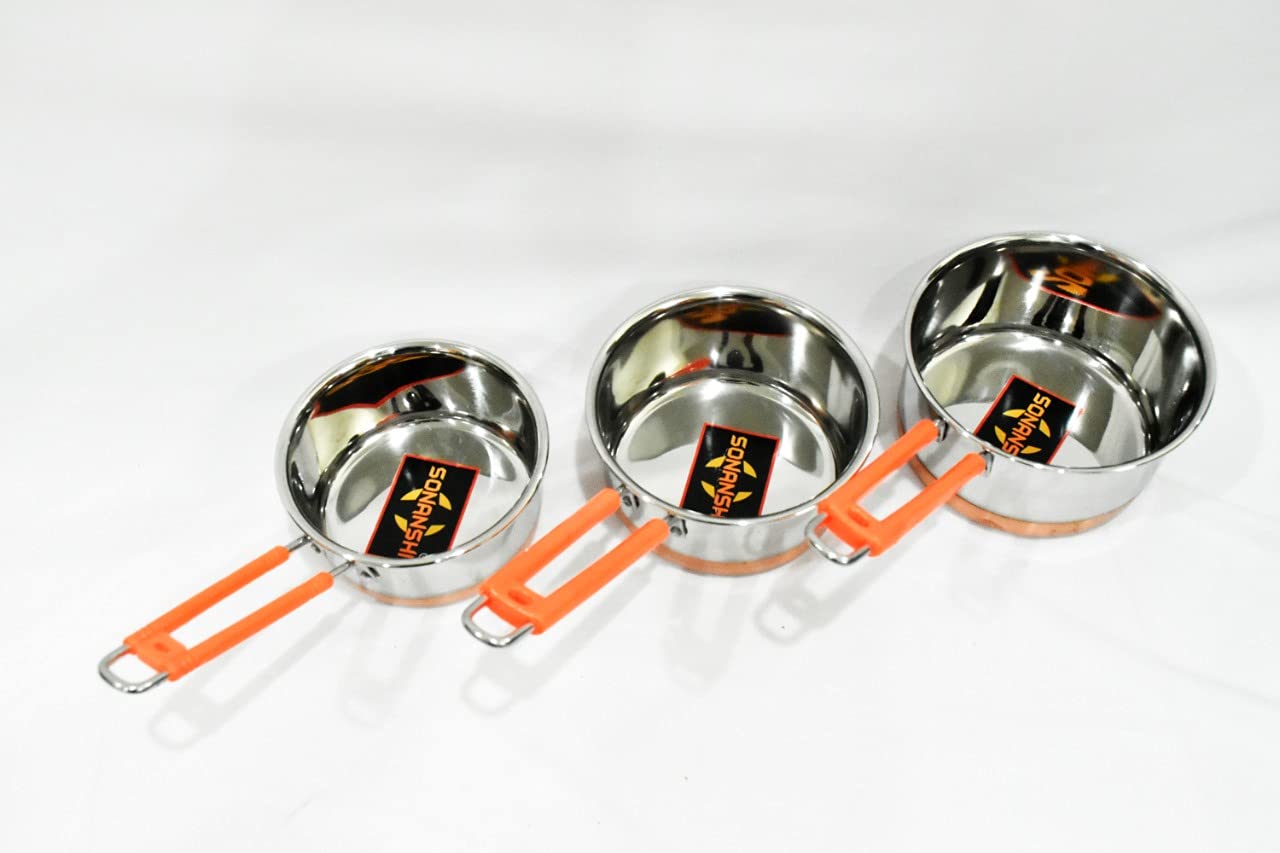 Sonanshi Stainless Steel Sauce Pan/Milk Pan/Tea Pan Combo Set, 1, 1.5, 2 L, 3 Piece (Multicolor)