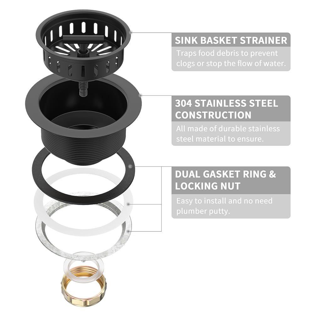 KONE Black Kitchen Sink Drain Matte Black Sink Strainer 3-1/2 Inch Drain Assembly Kit Replacement for Universal 3.5 Inch Kitchen Sink  All Stainless Steel Body with Strainer Basket and Drain Stopper