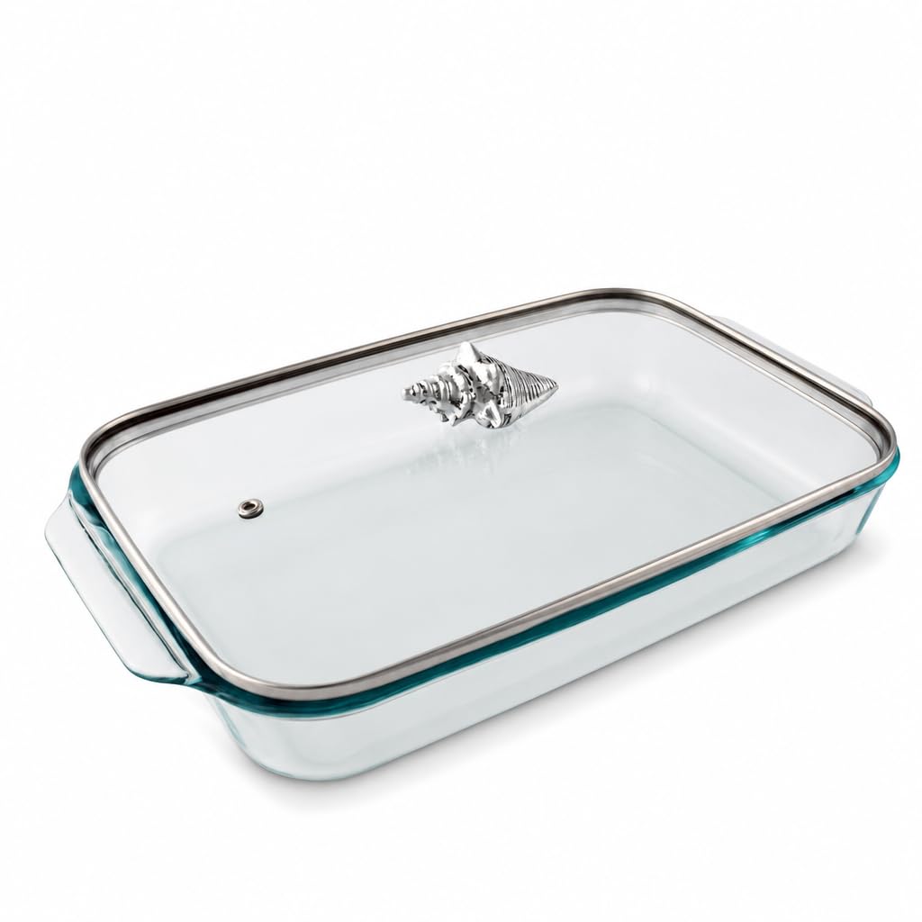 Arthur Court Glass Casserole Dish with Shell Lid Handle  Coastal Ocean Style Baking Dish  3 Quart, 9.25 x 13.5 Inches