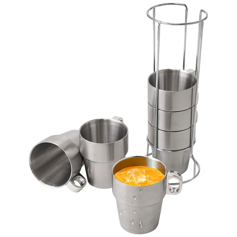 Japard Metal Coffee Mugs Stainless Steel Insulated Cup, Stackable Set Of 6, In Stand Rack, Double Wall Insulated