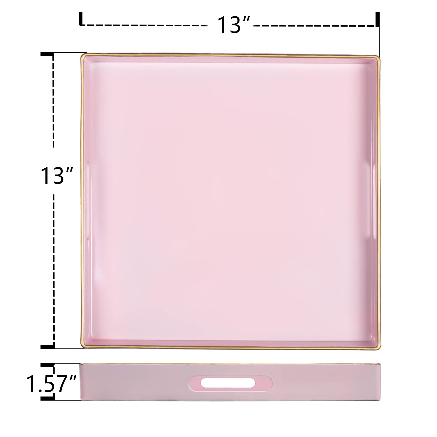 MAONAME Decorative Tray  Pink Serving Tray with Handles  Coffee Table Tray  Square Plastic Tray for Ottoman  Bathroom  Kitchen  13''x13''x1.57''