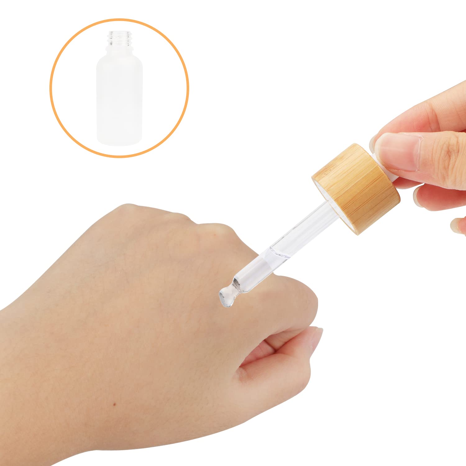 Frosted Glass Dropper Bottle, Refillable Glass Essential Oils Bottles With Eye Dropper&Bamboo Lids White Rubber Head Travel Cosm