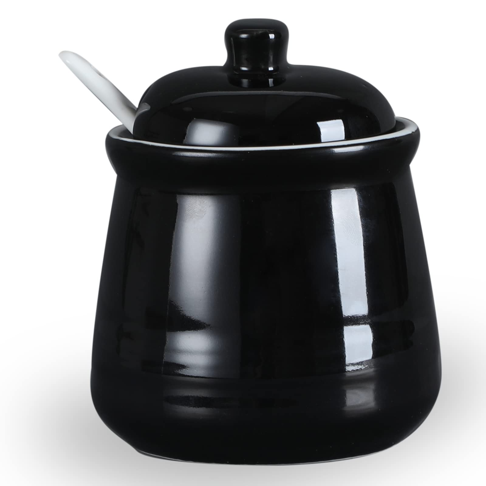 Haotop Porcelain Salt Bowl With Lid And Spoon,Ceramic Sugar Bowl 12Oz (Black)