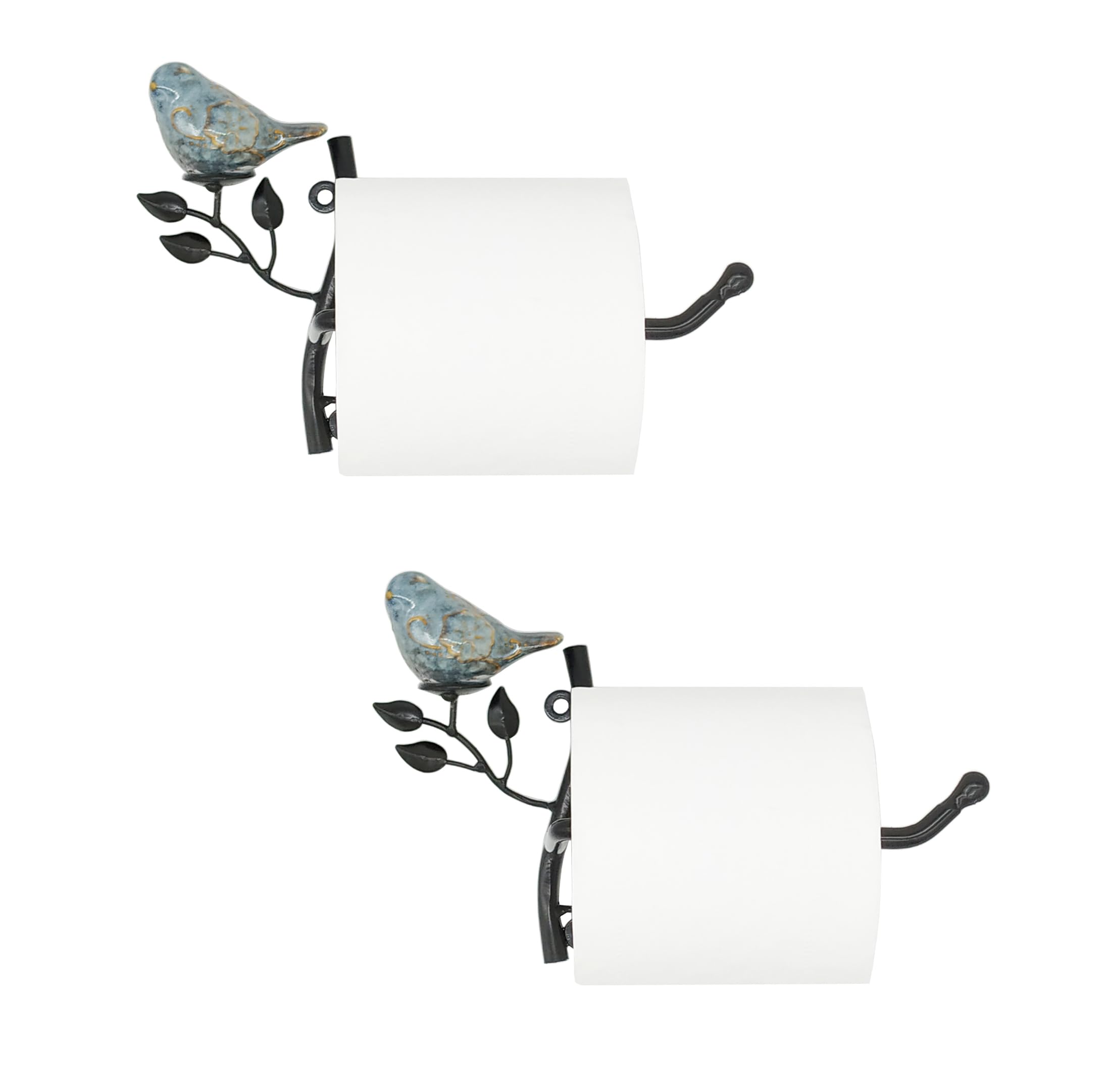 Owlgift Set Of 2 Wall Mounted Metal Toilet Tissue Holder W/Ceramic Bird, Roll Organizer For Bathroom - Black