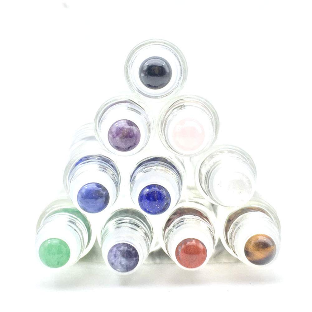 10Ml Roll On Bottle For Essential Oils,10 Pack Clear Glass Roller Bottles With Natural Crystal Gemstone Roller Balls Top,Bamboo