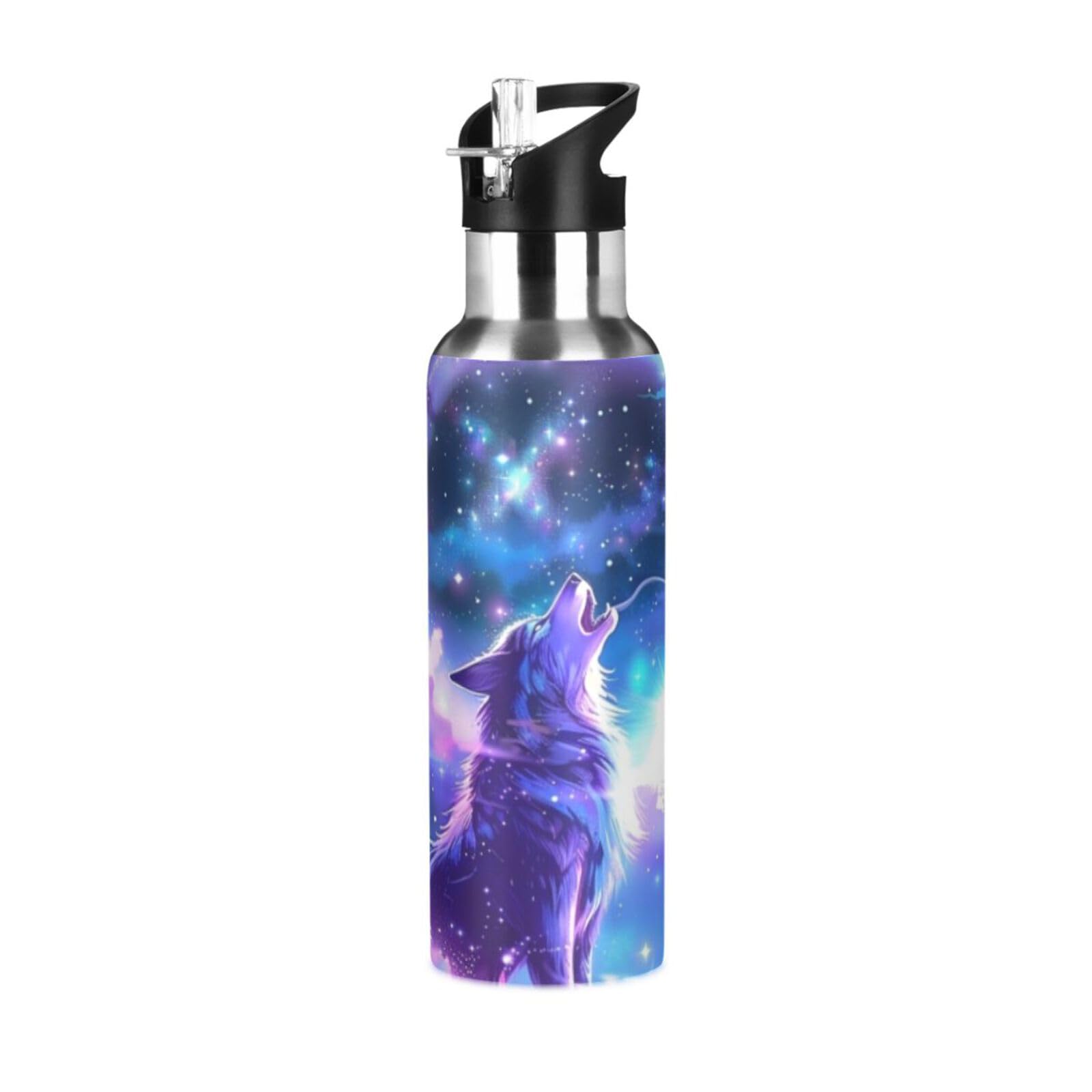 Kcldeci Galaxy Wolf Sports Water Bottle 20 Oz Straw Lid Leak Proof Vacuum Insulated Stainless Steel Hot Cold Double Walled Therm