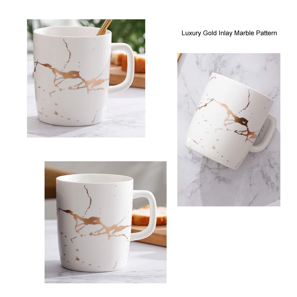 Coffeezone 12 Oz Matte Ceramic Marble Tea Coffee Mugs Luxury Gold Inlay (White, 4 Mugs Gold Marble)